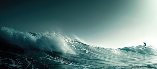 Poster - Surfer riding a breaking wave with a clear sky in the background and plenty of copy space image available
