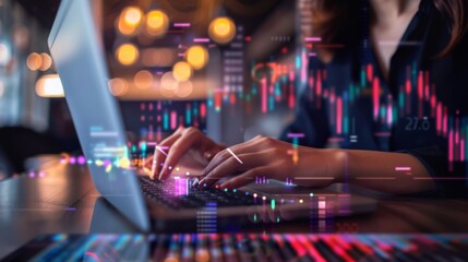 Fototapete - Businesswoman typing on a laptop with financial charts on the desk.