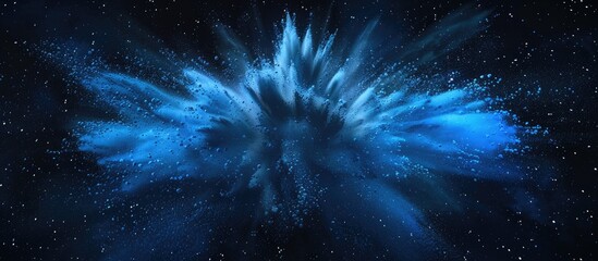 Poster - Capture the frozen moment of blue powder burst on a black backdrop creating an abstract white dust cloud design Ideal for a wallpaper or screen saver with copy space image conveying the concept of pl