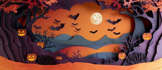 Poster - A festive Halloween scene featuring Jack o lantern pumpkins bats in flight and a moonlit sky in a paper cutting decoration with copy space image
