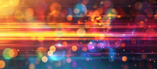 Leinwandbilder - A blurred design with multicolored horizontal stripes on a dark background featuring glowing lights and a lens flare ideal for a copy space image
