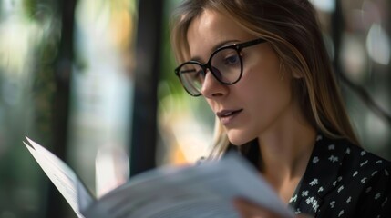 Poster - Businesswoman wearing glasses, reading a report.