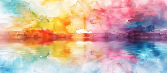 Aufkleber - Vivid watercolor painting with colorful blots and smears creating a beautiful abstract background with a mirror like reflection of the sky and clouds on water ideal for a copy space image