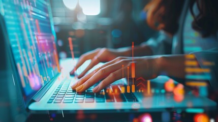 Poster - Businesswoman's hands typing on a laptop with colorful graphs and charts around.