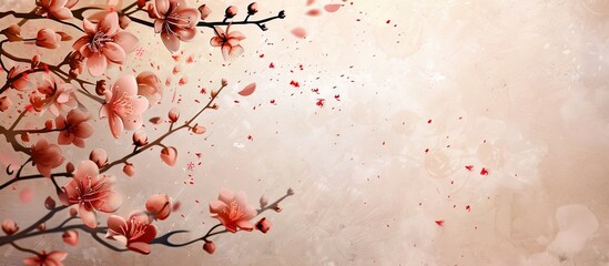 Poster - Beige backdrop showcasing blossoming branches with copy space image