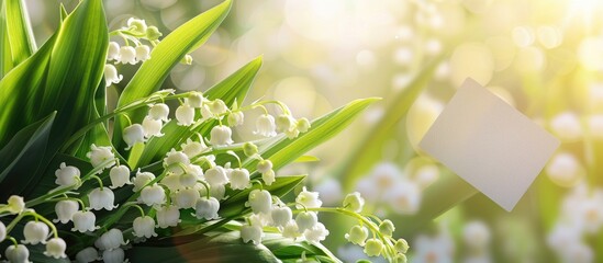 Poster - Colorful background with a gorgeous lily of the valley flowers and a blank card for copy space image