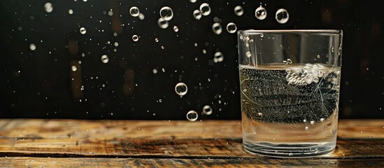 Poster - A cup of water on a wooden table with black background bubbles rising providing copy space image