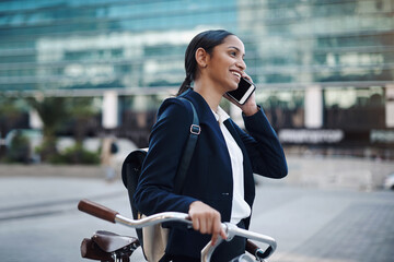 Poster - Phone call, business and woman with bicycle in city for conversation. legal consulting or travel. Contact, speaking and lawyer with mobile for discussion, negotiation or morning commute to office