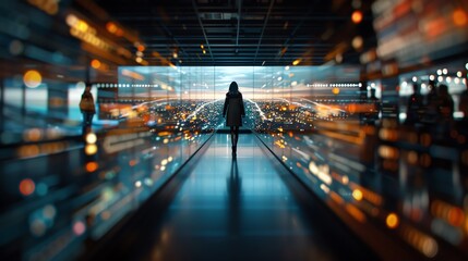 Person walking through a futuristic tunnel with vibrant lights and digital displays, depicting a journey towards technological advancement.