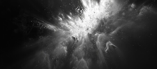 Poster - Capture the stillness of a white powder burst against a dark background resembling an abstract white dust cloud suitable as a screensaver or wallpaper that includes copy space image representing a pl