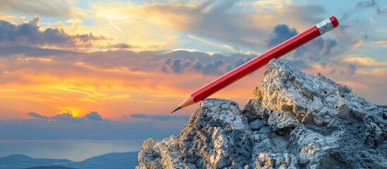 Aufkleber - Business success concept symbolized by a red pencil resembling a dart on a rocky mountain against a sunset sky with copy space image