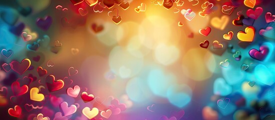 Fototapete - Valentine s Day background with a colorful frame of blurred multicolored hearts ideal for adding text or images known as a copy space image