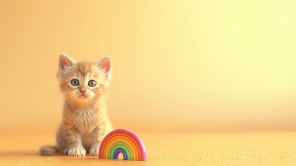 Wall Mural - A cute kitten sitting in front of a rainbow toy on a yellow background.