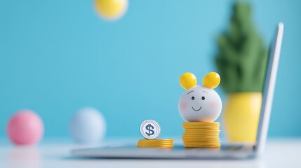 A cheerful piggy bank with coins on a laptop, representing saving and online finance concepts in a bright, refreshing workspace.