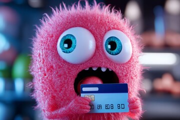 A cute pink monster character holding a credit card, expressing surprise in a colorful background, perfect for finance or fun themes.