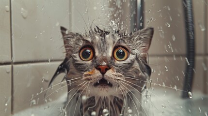 Close-up of a wet cat in a shower with water droplets on its fur and a surprised expression.