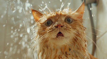 Poster - Close-up of a wet cat in a shower with water droplets on its fur and a surprised expression.