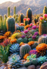 A variety of cacti and succulents thriving in a desert landscape, showcasing their unique shapes and vibrant colors