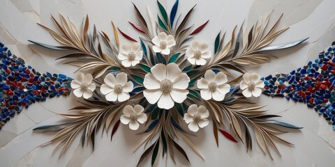 Poster - Handcrafted white flowers with colorful leaves create an elegant floral display on a modern wall