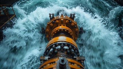 Wall Mural - Close-up of Hydroelectric Turbine Shaft. Close-up view of a hydroelectric turbine shaft with water surging around it, emphasizing the mechanics and force of hydroelectric power generation.