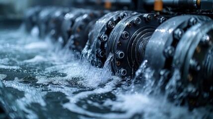 Poster - Close-up of Industrial Water Flow Mechanism. Detailed close-up of an industrial mechanism with water flowing through it, highlighting the technical aspect of water management and engineering.