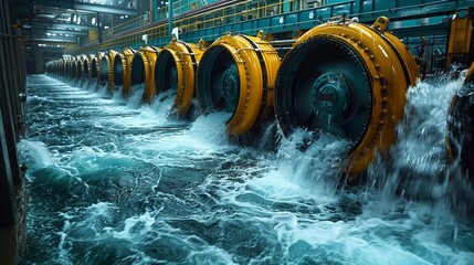 Poster - Industrial Water Turbine System Indoors. Indoor view of an industrial water turbine system in operation, demonstrating the mechanics and efficiency of water flow and energy production.