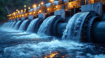 Poster - Water Turbine System at Night. Illuminated view of a water turbine system in action at night, showcasing the power and engineering of hydroelectric energy production.