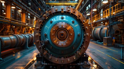 Wall Mural - Industrial Hydroelectric Turbine Component. Close-up view of a large, blue industrial hydroelectric turbine component in a facility, showcasing precision engineering and power generation.