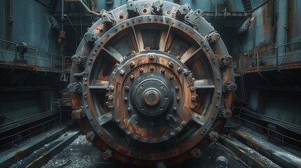 Poster - Rusty Hydroelectric Turbine in Plant. Weathered, rusty hydroelectric turbine in a plant, emphasizing the durability and long-term use in industrial power generation.