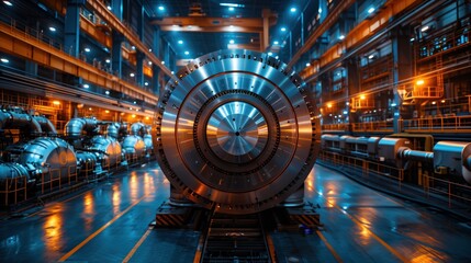 Poster - Modern Hydroelectric Turbine in Facility. Sleek, modern hydroelectric turbine in a high-tech facility, highlighting advanced engineering and efficient power generation.