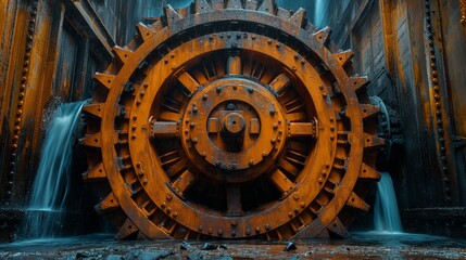 Poster - Giant Rusty Water Turbine in Action. Massive, rusty water turbine in operation with water flowing, illustrating the raw power and mechanical force in hydroelectric plants.