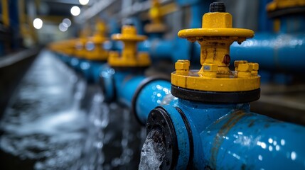 Poster - Water Valves in Industrial Plant. Close-up of blue and yellow water valves in an industrial plant, focusing on water management and control systems.