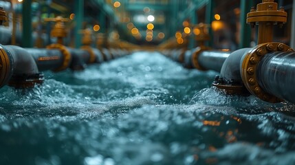 Poster - Water Flowing through Industrial Pipes. Dynamic shot of water flowing through industrial pipes, emphasizing the efficiency and control of water management systems.