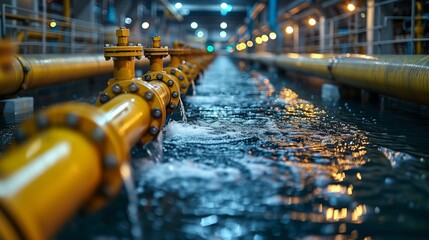 Poster - Water Flow in Hydroelectric Plant Pipes. Detailed view of water flowing through pipes in a hydroelectric plant, emphasizing the technology and efficiency of water management.