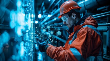 Poster - Engineer Inspecting Digital Control Interface. Engineer in a hydroelectric plant inspecting a digital control interface, emphasizing the role of technology in plant operations.