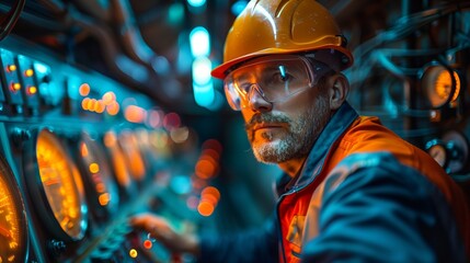 Poster - Hydroelectric Plant Operator at Work. Hydroelectric plant operator working at a control station, ensuring efficient and safe plant operations.
