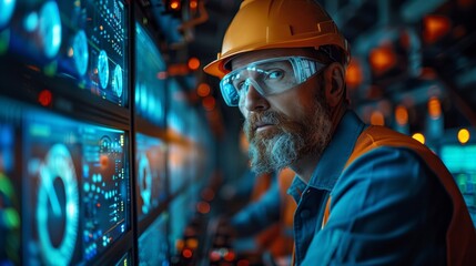 Poster - Engineer Monitoring Hydroelectric Control Systems. Engineer closely monitoring control systems in a hydroelectric plant, highlighting the precision and attention to detail required.