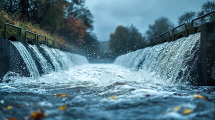 Poster - Waterfall Over Hydroelectric Structure. Waterfall flowing over a hydroelectric structure, showing the movement and distribution of water in power generation.