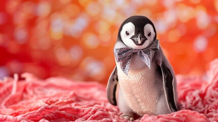 Sticker - A penguin wearing a silver bowtie in front of an orange and white bokeh background.