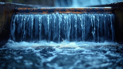Poster - Water Pouring Over Hydroelectric Spillway. Water pours over the spillway of a hydroelectric dam, emphasizing the volume and movement crucial for power production.