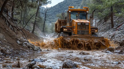 Wall Mural - Heavy Machinery Navigating Flooded Terrain. Piece of heavy machinery navigates through a flooded terrain, likely near a hydroelectric project or dam construction site.