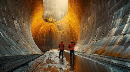 Poster - Engineers Inspecting Massive Hydroelectric Dam Structure. Two engineers stand inside a large, curved hydroelectric dam structure, inspecting the massive engineering feat and its construction.