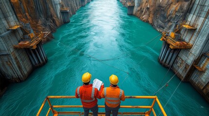 Poster - Engineers Reviewing Hydroelectric Dam Plans. Two engineers review plans and documents on a platform above the water at a hydroelectric dam site, ensuring project accuracy.