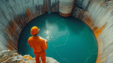 Poster - Engineer Overlooking Hydroelectric Reservoir. Engineer in safety gear overlooks a large hydroelectric reservoir, emphasizing the scale and water management involved in the project.