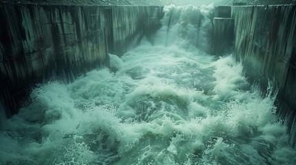Poster - Foamy Water at Hydroelectric Dam Spillway. Foamy, turbulent water cascades through the spillway of a hydroelectric dam, showcasing the powerful flow and energy conversion process.