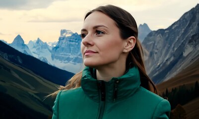 Wall Mural - Portrait of a young woman in a green coat in the mountains