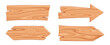 © Yuliia Osadcha - Wooden plaque for text box. Cartoon 3d render illustration of signboard with brown wood texture of different shapes. Timber plank or board in form of rectangle and arrow. Road signpost frame.