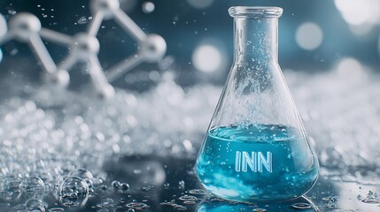 the formula for acetylsalicylic acid is INN. the background is acetylsalicylic acid in an Erlenmeyer flask, chemical bond pattern