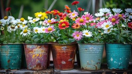 A collection of vintage metal flower pots with colorful daisies arranged in a garden.