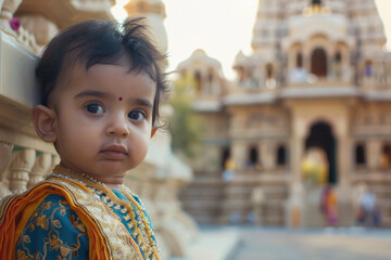 Wall Mural - indian baby standing at temple